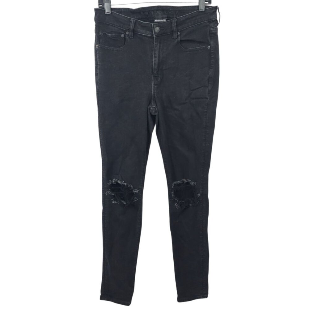 American Eagle Next Level Stretch Hi Rise Jegging Women 12 Jeans Distressed Blac